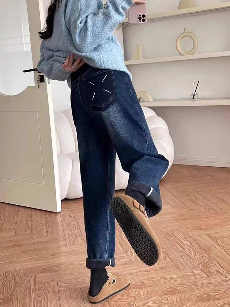 

Большие размеры Fce Lined Thi Harem Джинсы Женские зимние свободные тонкие брюки с высокой талией и широкими штанинами Повседневные брюки синего цвета