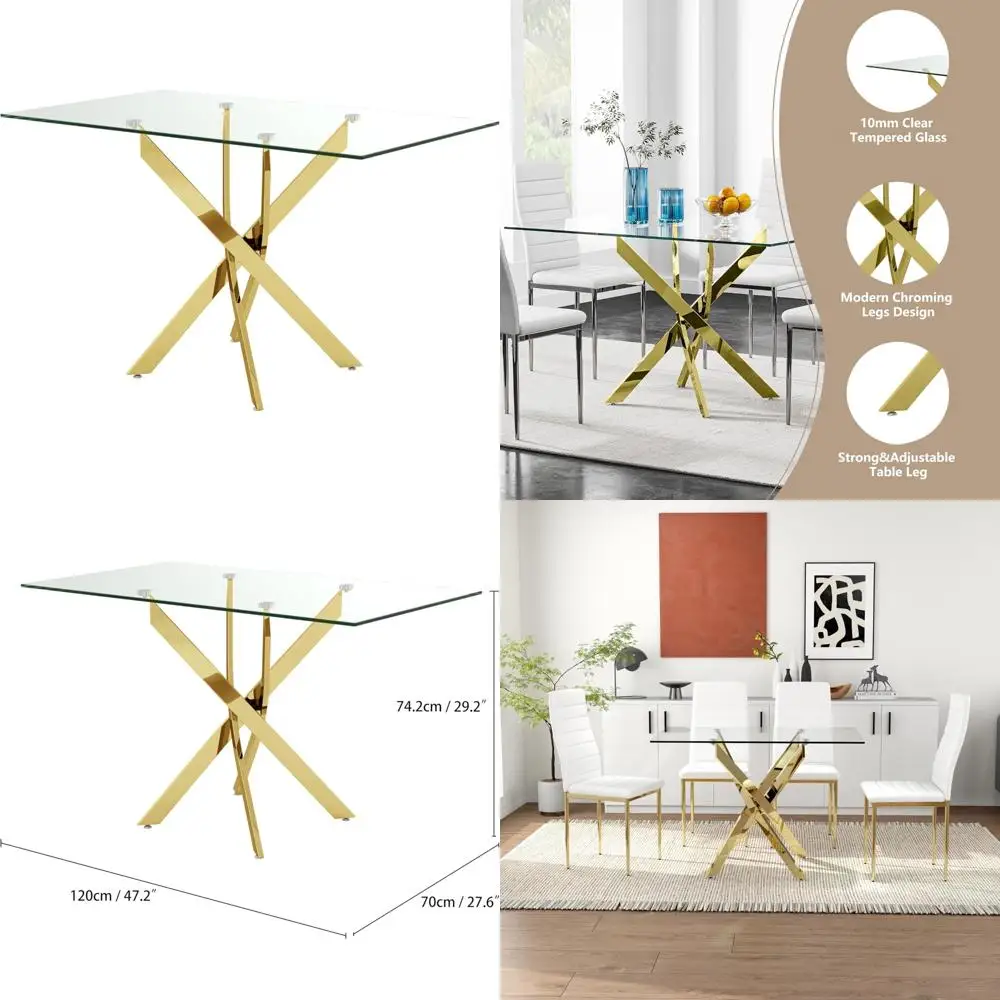 

Chrome Legs Tempered Glass Modern Rectangular Dining Table, Gold Finish, 47 for Kitchen Dining Area