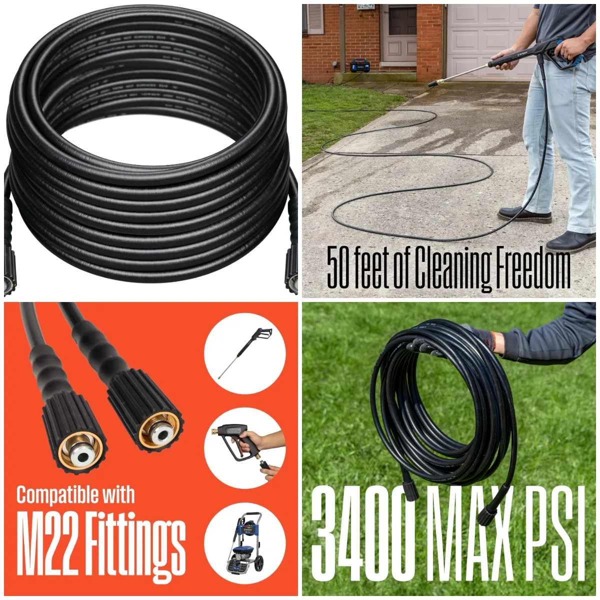 

50-футовый шланг для мойки высокого давления из ПВХ — 3400 макс. на квадратный дюйм — для газовых и электрических мойки высокого давления