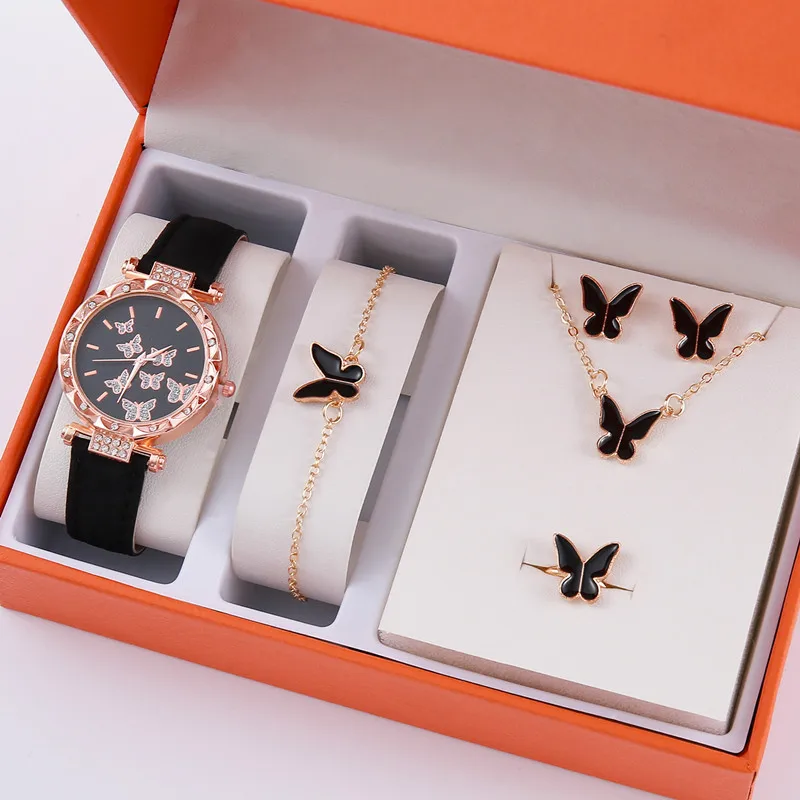 1/6pcs Set Women Quartz WristWatch Ring Necklace Earrings Bracelet Set Watches Butterfly Leather Strap Ladies Watch (No Box)