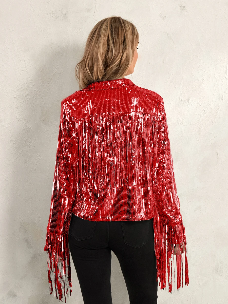 Women Disco Cowgirl Jacket Lightweight Casual Sequin Tassels Long Sleeves Cardigan Coat for Outwear Streetwear