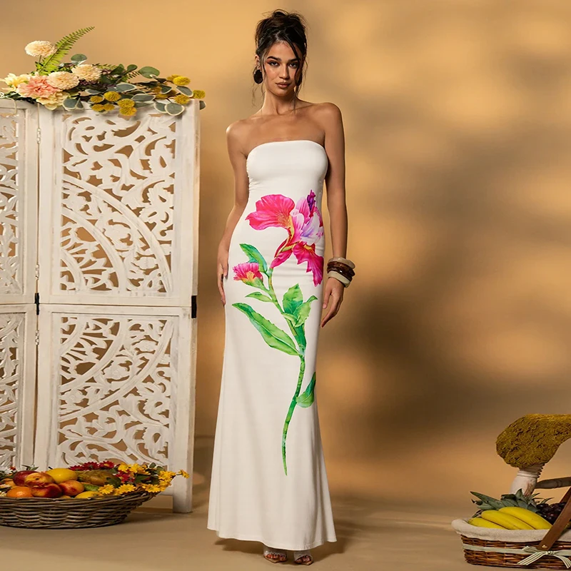 CUTENOVA Strapless Floral Printed Strapless Hip Long Dresses Women'S Summer New Vacation Party Casual Fashion Elegant Dresses