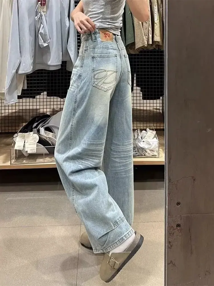 Retro American Pocket Embroidered Knife Jeans Women's High Waist Loose Slim Straight Leg Wide Leg Long Trousers