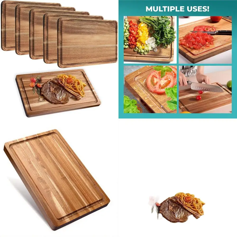 

Reversible Acacia Wood Cutting Boards with Juice Groove - Set of 6 for Eco-Friendly Kitchen Prep