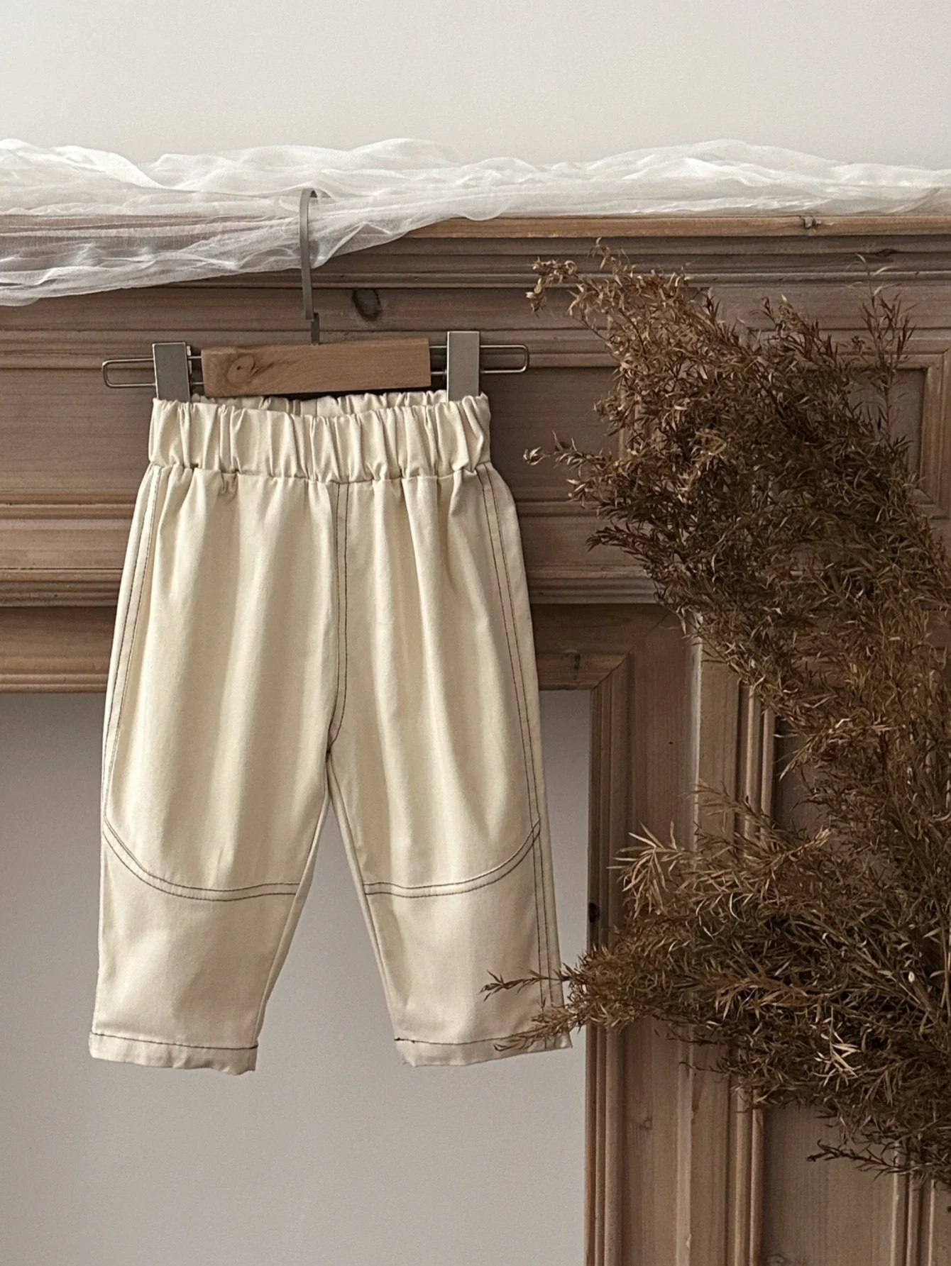 Beige Elastic Waist Baby Casual Pants Contrast Stitch Loose Straight Trousers Soft Cotton Toddler Daily Spring Outwear Pants
