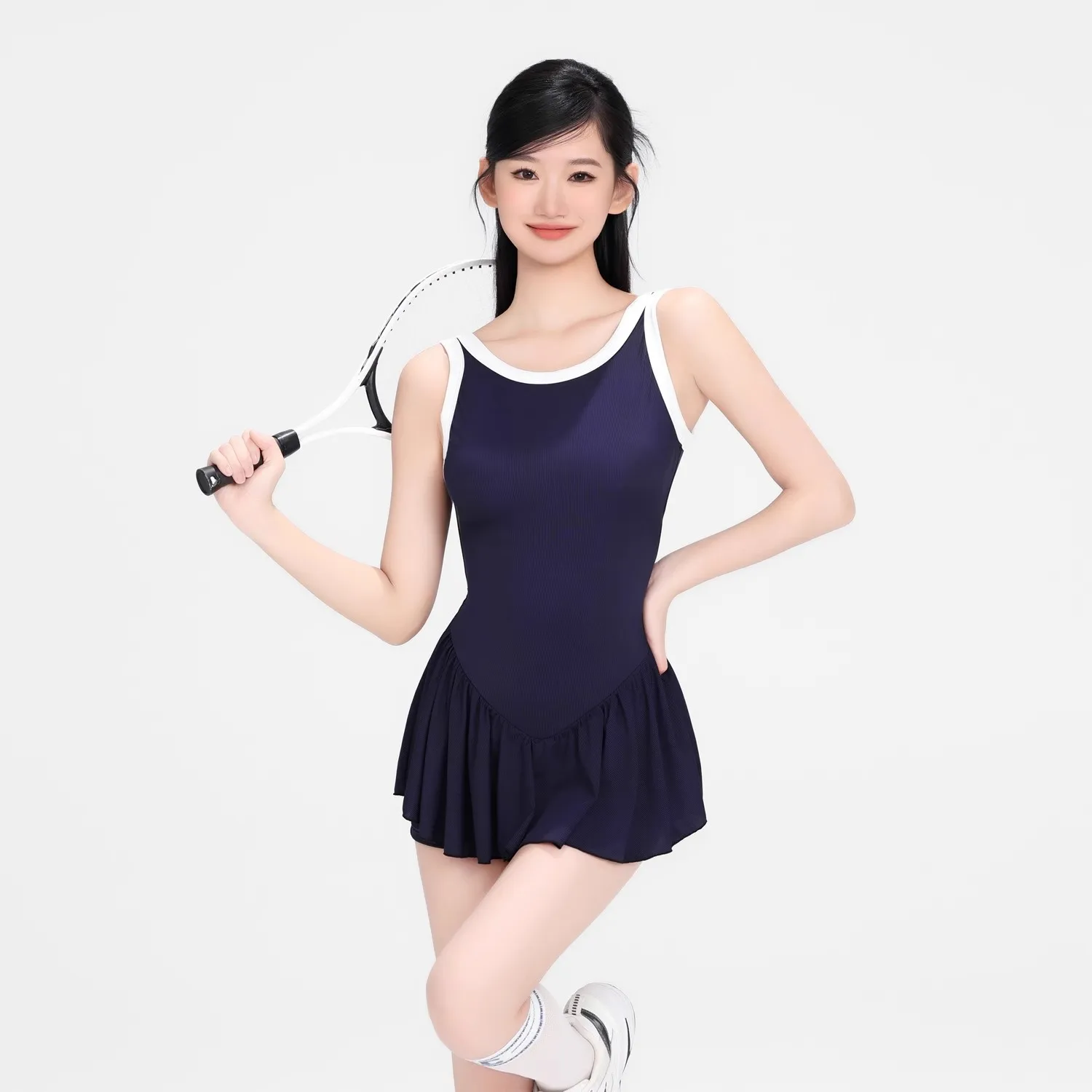 

Summer Fashion Simple Sporty Women's One-Piece Swimsuit Dress Shorts Style Color-Blocked Backless Youth Trend Casual Swimwear