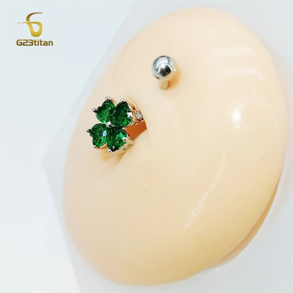 G23titan Bright Crystal Clover Belly Button Ring for Women Love Heart Petal Zircon G23 Titanium Body Piercing Jewelry Navel Bar image 3