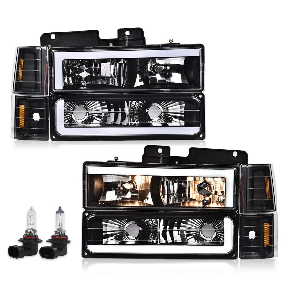 

Headlight Assembly W/Led Strip Light Compatible with Gmc C1500 K1500 Yukon 94-99/Gmc C1500 C2500 K1500 K2500 Suburban 94-99