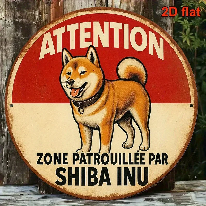 2D Flat,1pc Shiba Inu Patrol Zone French Sign - Vintage Dog Warning Plaque,Round French Language Decoration for /Office/Cafe