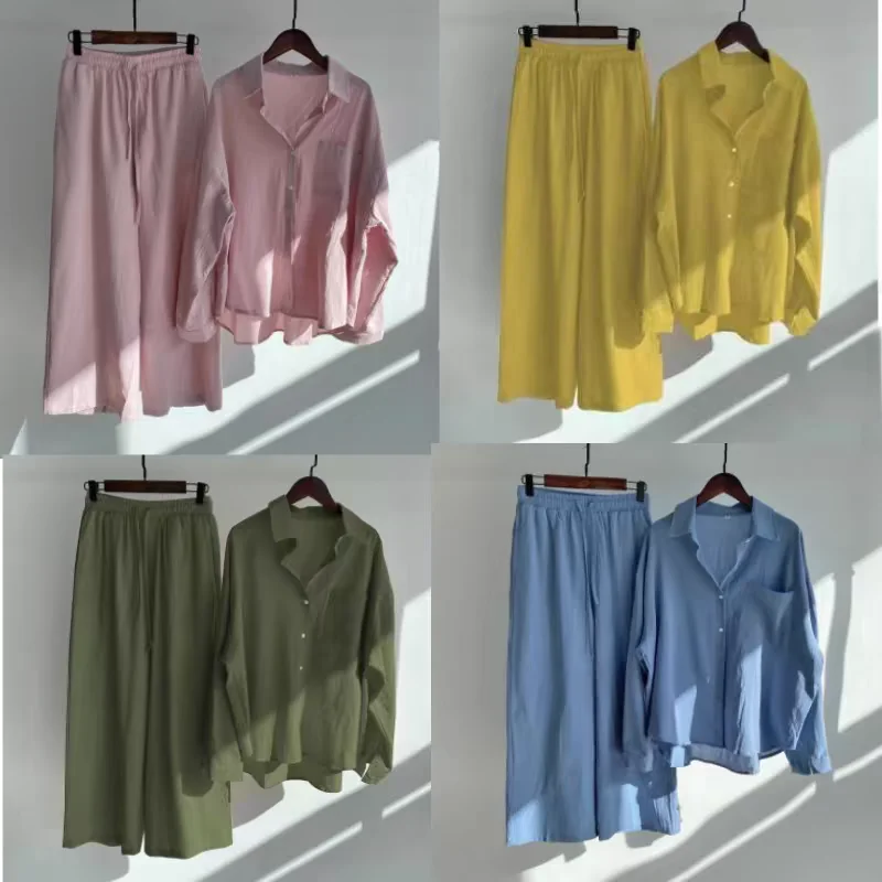 Women's Retro plus Size Cotton Linen Shirt High Waist Loose Long Pants Set Button up Long Sleeve  Collar Two Piece Suit