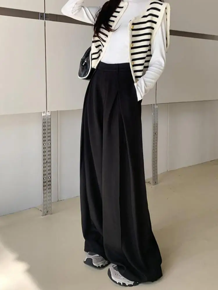 

Spring Summer Black Grey High Waist Versatile Wide Leg Casual Long Pants Women Brown Loose Holiday Pleated Trousers Simplicity