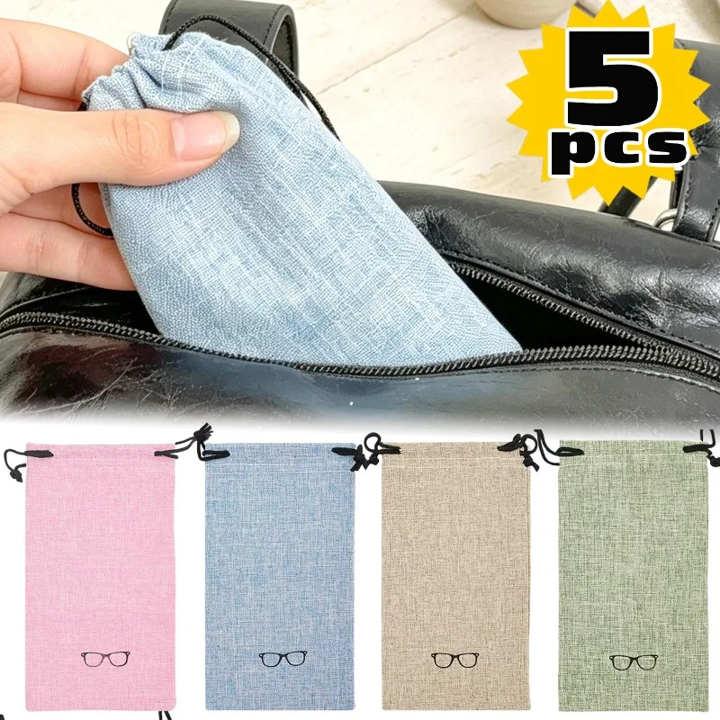 5pcs Vintage Linen Glasses Pouch Drawstring Soft Eyeglasses Case Bag Portable Sunglasses Protector Sleeves Colored Storage Bags