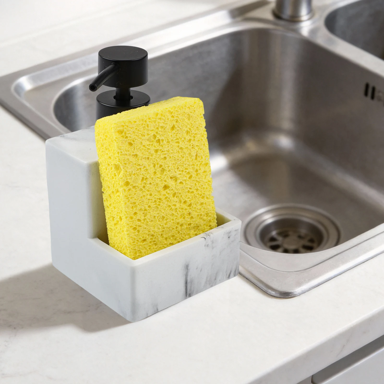 Resin Soap Dispenser Set in Marble Finish with Large Capacity and Sponge Holder for Practical Kitchen and Bathroom Setup