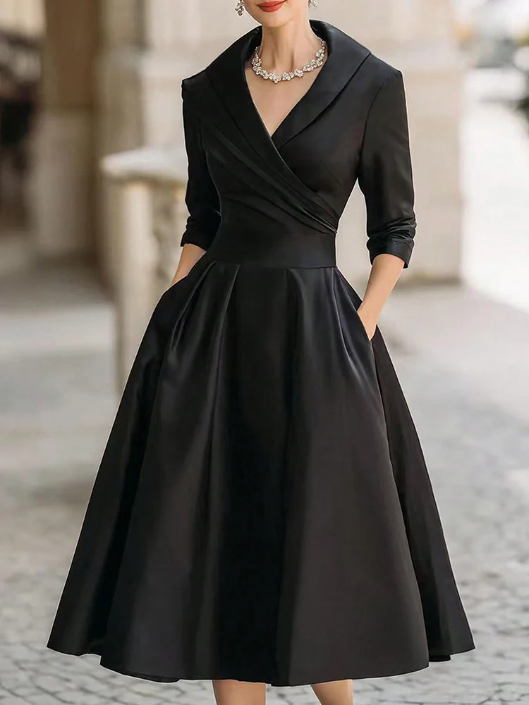 Elegantes A-Linien-Kleid für Damen, einfarbig, V-Ausschnitt, Midi-Länge, mit Ärmeln, Taschen, formell, Büro, Frühling, Herbst, Damenbekleidung