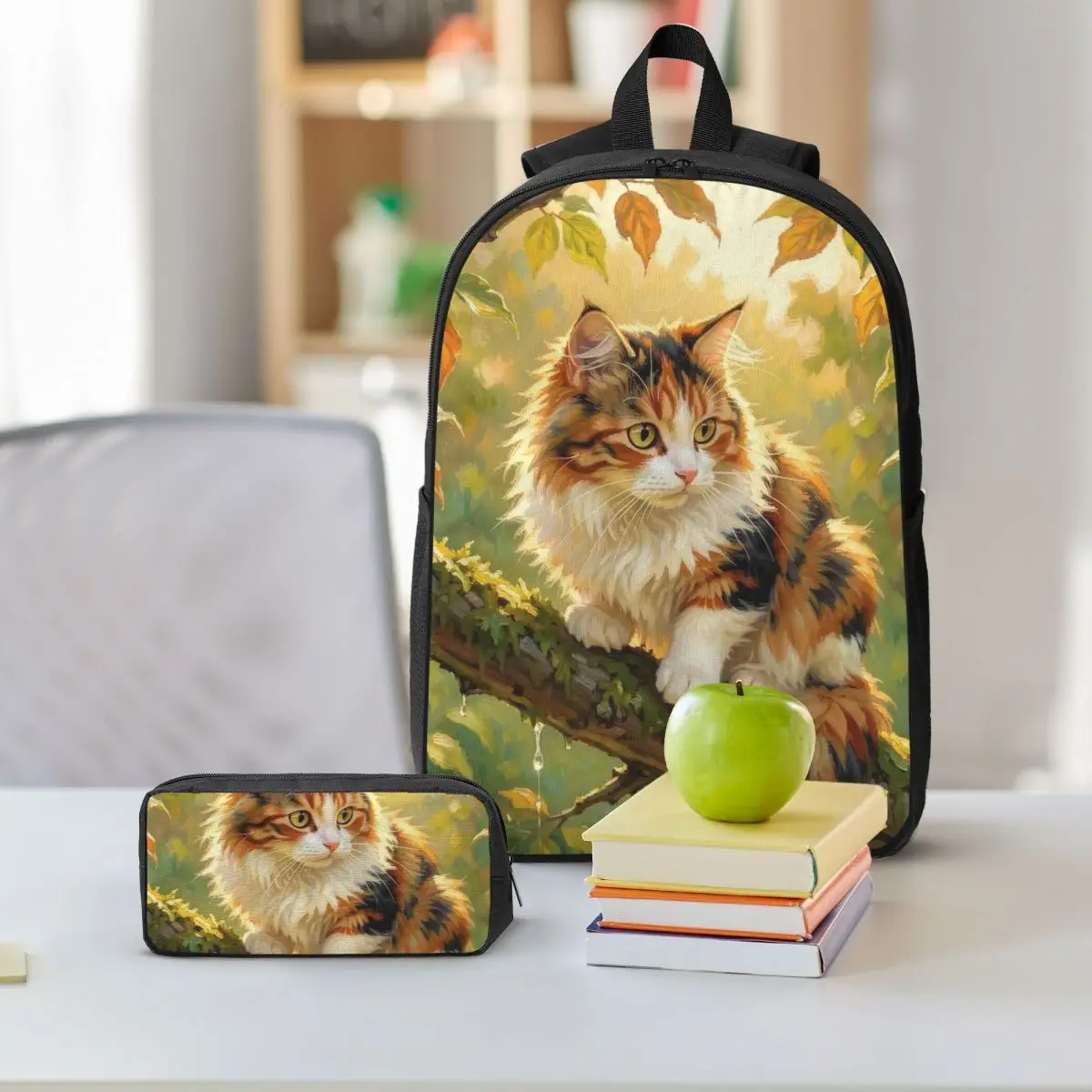 Cute Cat Sleeping On A Branch Oil Painting Backpack Kids BookBag School Bag Shoulder Bags 3ps Insulated Lunch Bag Pencil Case