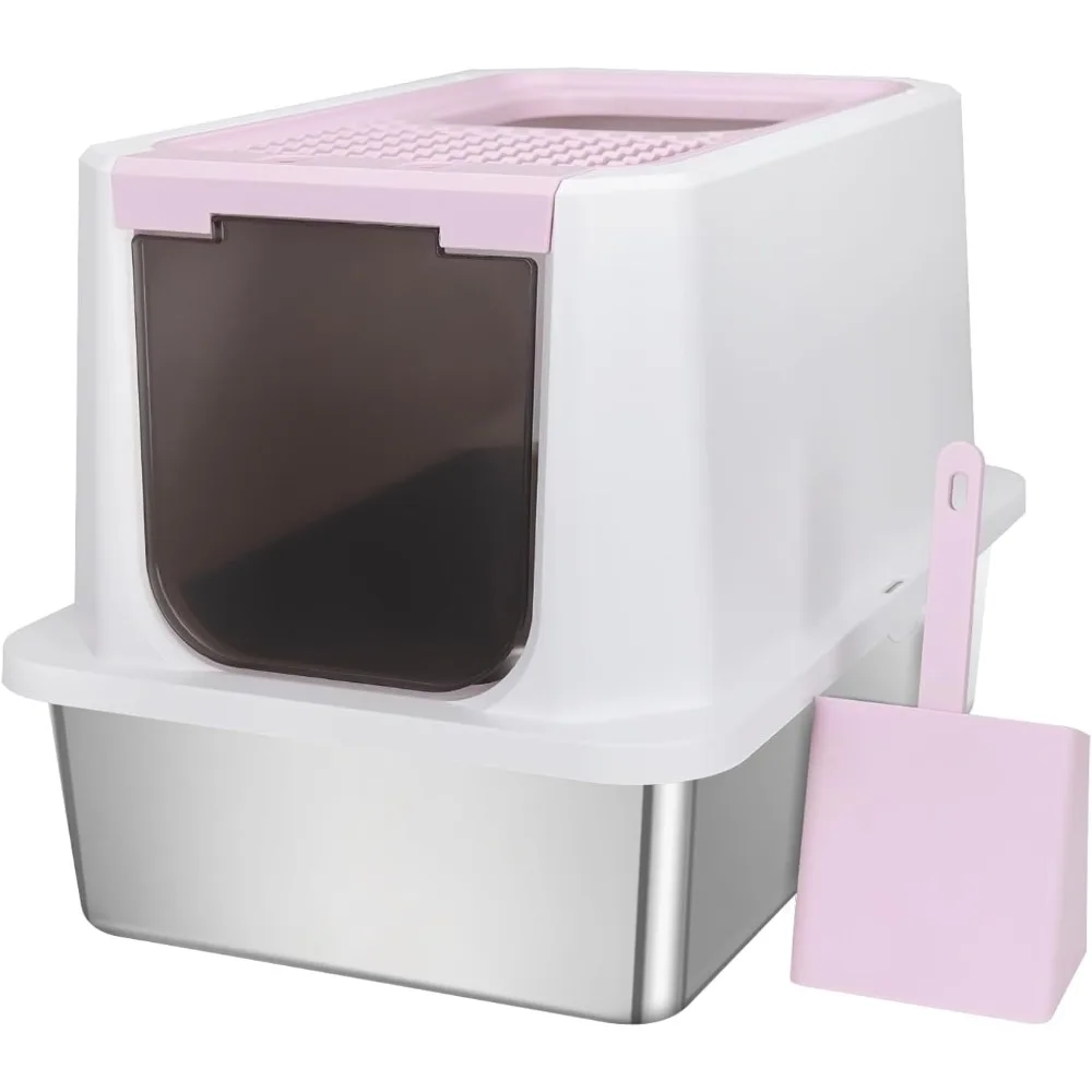 

Stainless Steel Cat Litter Box, Semi-Enclosed Litter Box with Raised Edges, Anti-Leakage & Odorless, Large Litter Box