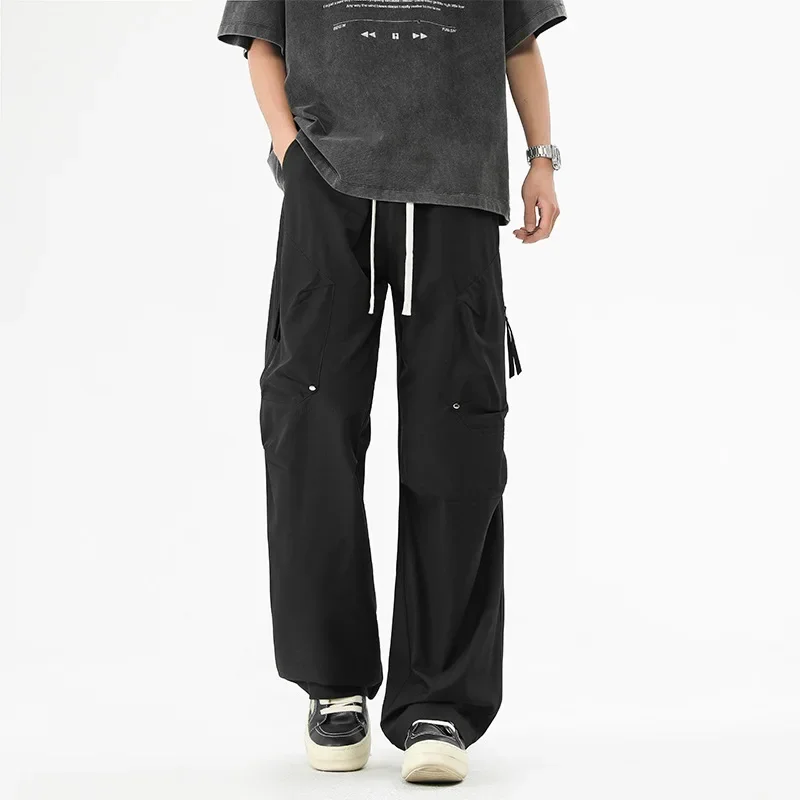 

2024, весенне-осенние новые модные мужские повседневные модные однотонные плиссированные свободные прямые широкие брюки с завязками, мужские брюки