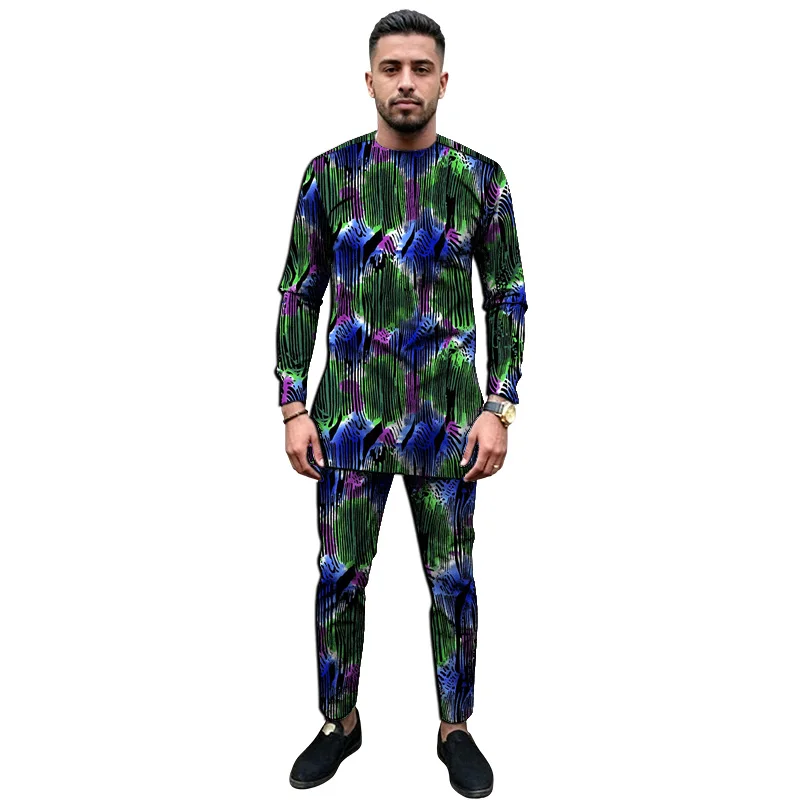 African Couture Nigerian Print Men's Long Sleeve Shirt And Pant Set Traditional Festival Groom Suit Male Party Wear Tailored