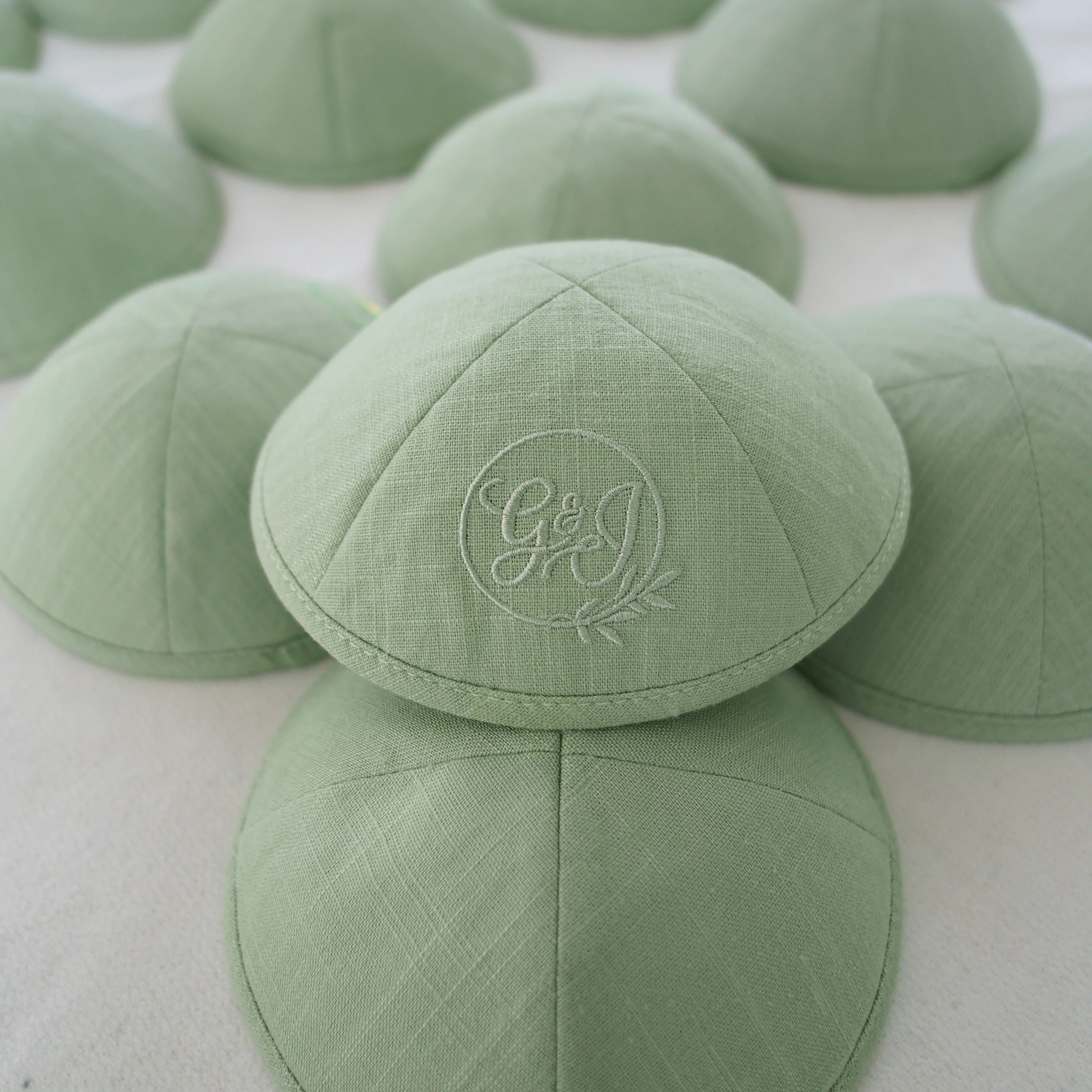 

light green Custom embroidery linen kippah Jewish Ahava customize kippot for wedding bat mitzvah judaica gift yarmulke