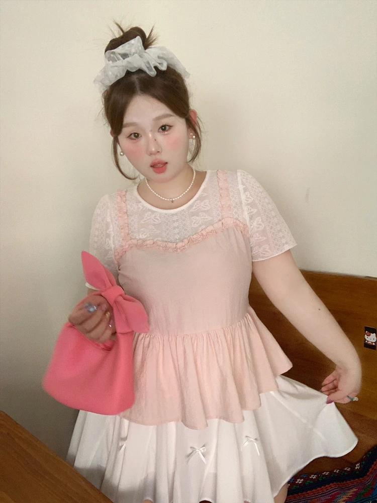 L-4XL Large Size Pink Ruffled Edge Splicing Women Summer Short-sleeved Crew Neck White Butterfly Lace A-line Cute Sweet T-shirt