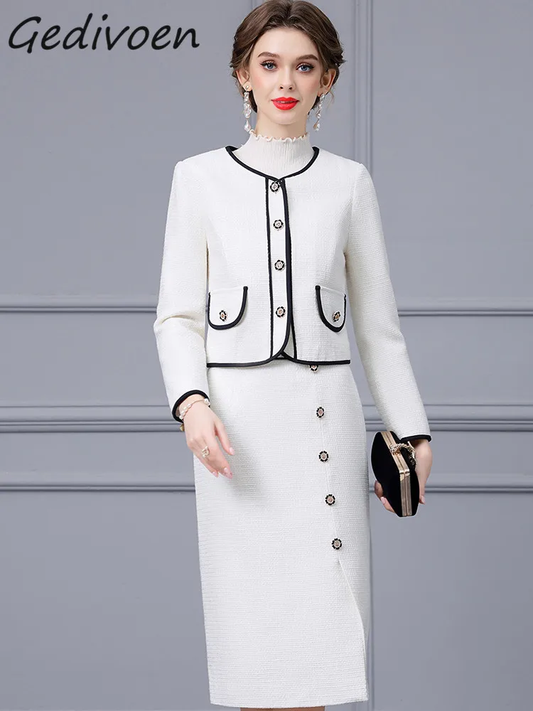 

Gedivoen Winter Fashion Runway White Vintage Skirt Set Women O Neck Button Pockets Slim Coat+Package Buttocks Skirt 2 Pieces Set