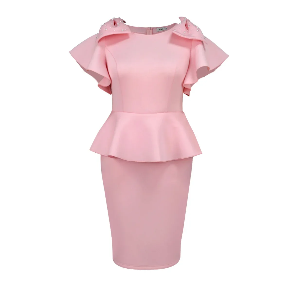 Elegante Vrouwen Roze Slanke Vieren Feestjurk O Hals Boog Kralen Korte Mouw Hoge Taille Ruche Zoom Bodycon Bruiloft Gast Jurken