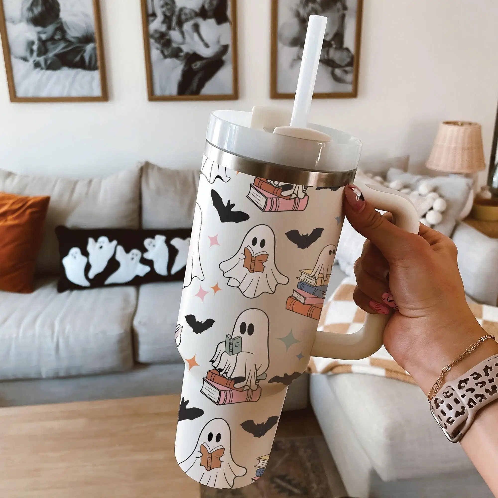 

Halloween New Stainless Steel Insulated Tumbler With Lid, Straw & Handle 1200ml Straw Mug Large Capacity Handle Portable Mug