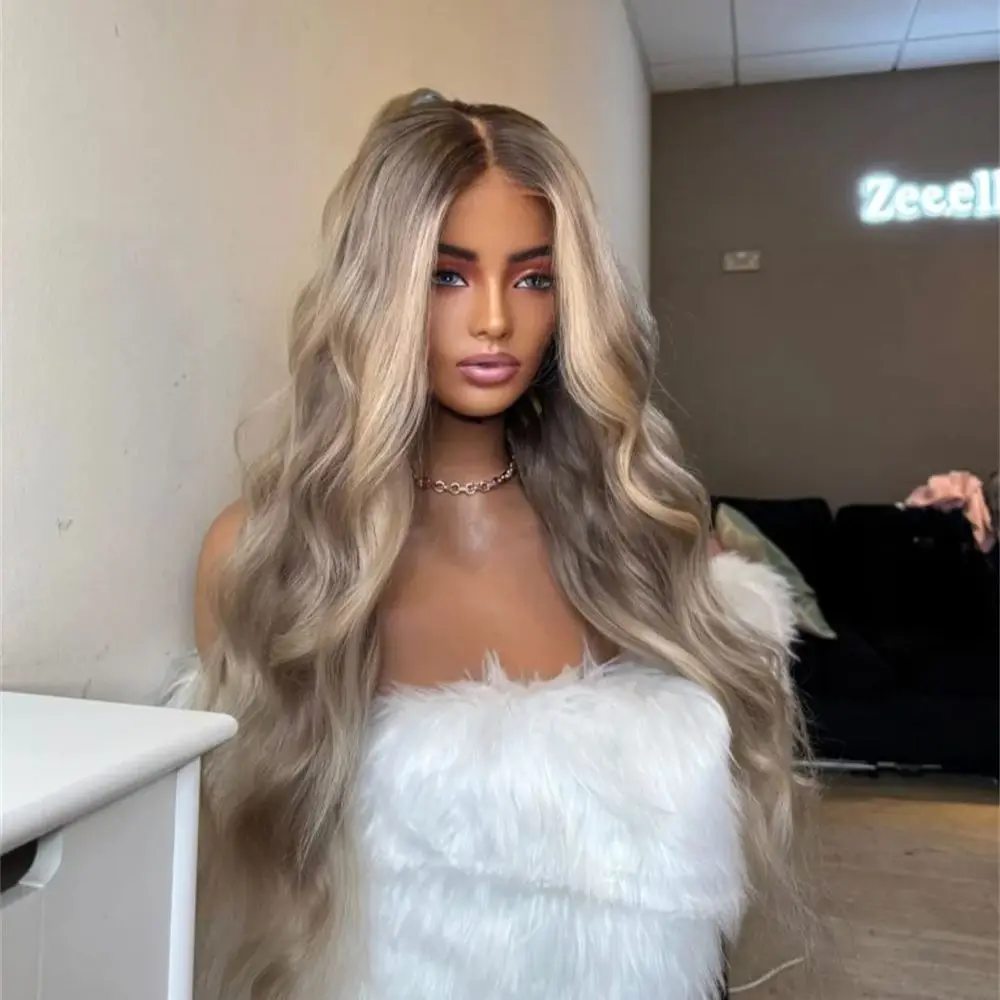 

Highlight Ombre Lace Front Wig 13x4 Pre Plucked Body Wave Synthetic Lace Front Wig for Women Balayage Blonde Heat Resistant Hair