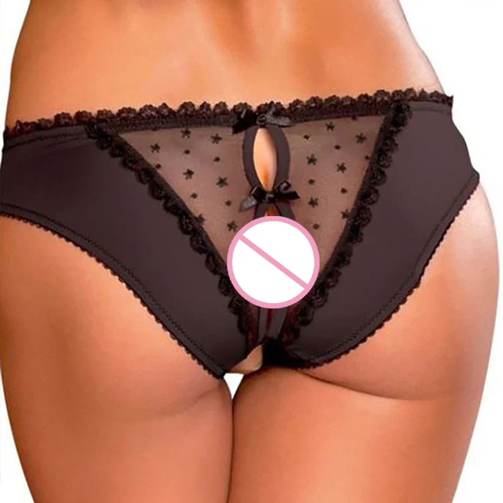 Women's Sexy Underwear See Through Lace Open Crotch Lingerie Bowknot Hollow Ultra-Thin Underpants Breathable Panties