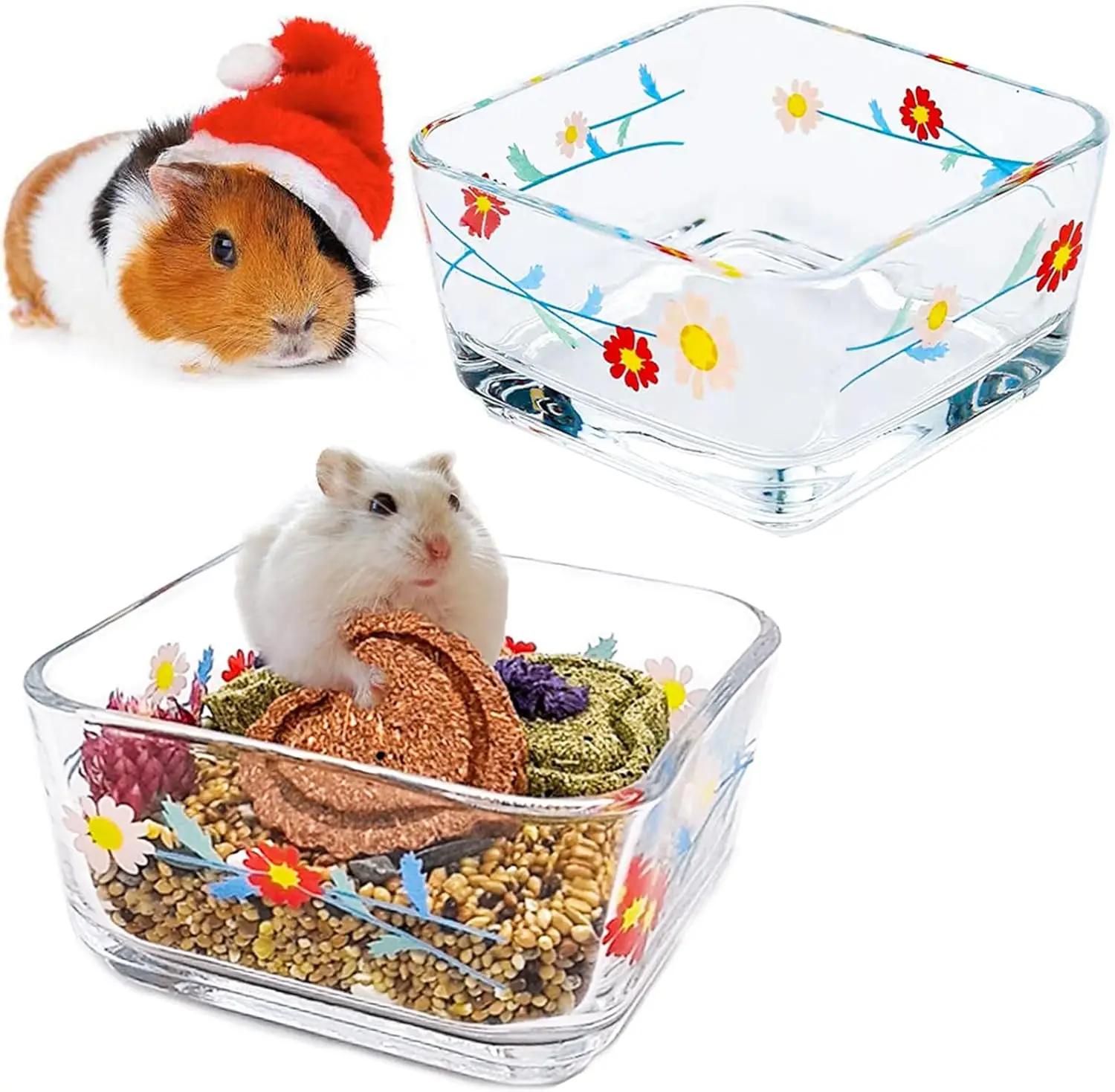 

2 Pack Glass Hamster Food Bowl Square Guinea Pig Food Dish Bowl Bunny Feeding & Water Bowls for Small Animals Syrian Hamsters