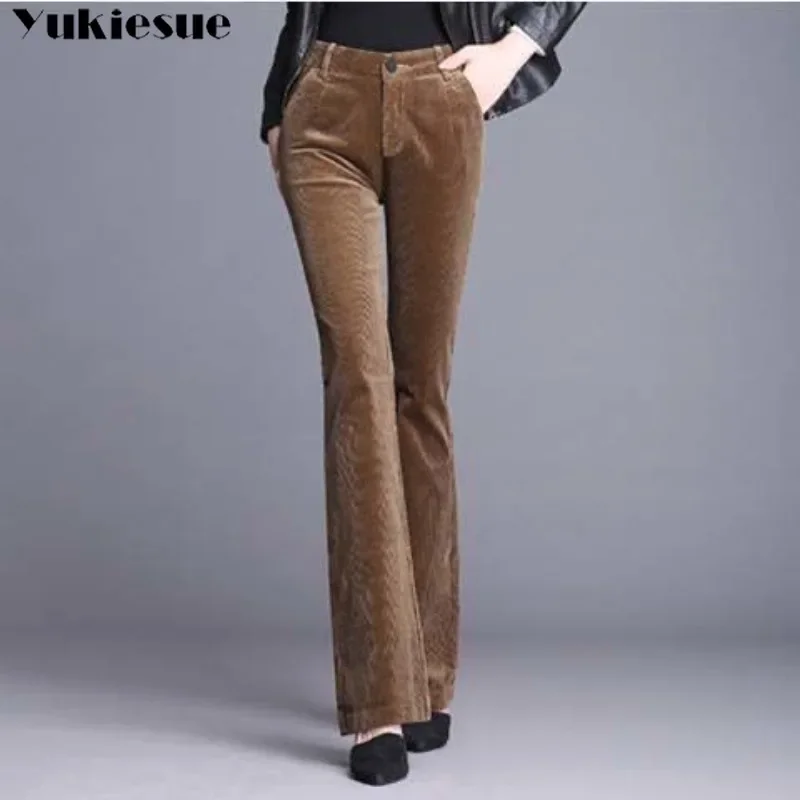 

Весенне-осенние корейские модные женские тонкие вельветовые брюки-клеш офисные женские утепленные винтажные широкие однотонные брюки с высокой талией