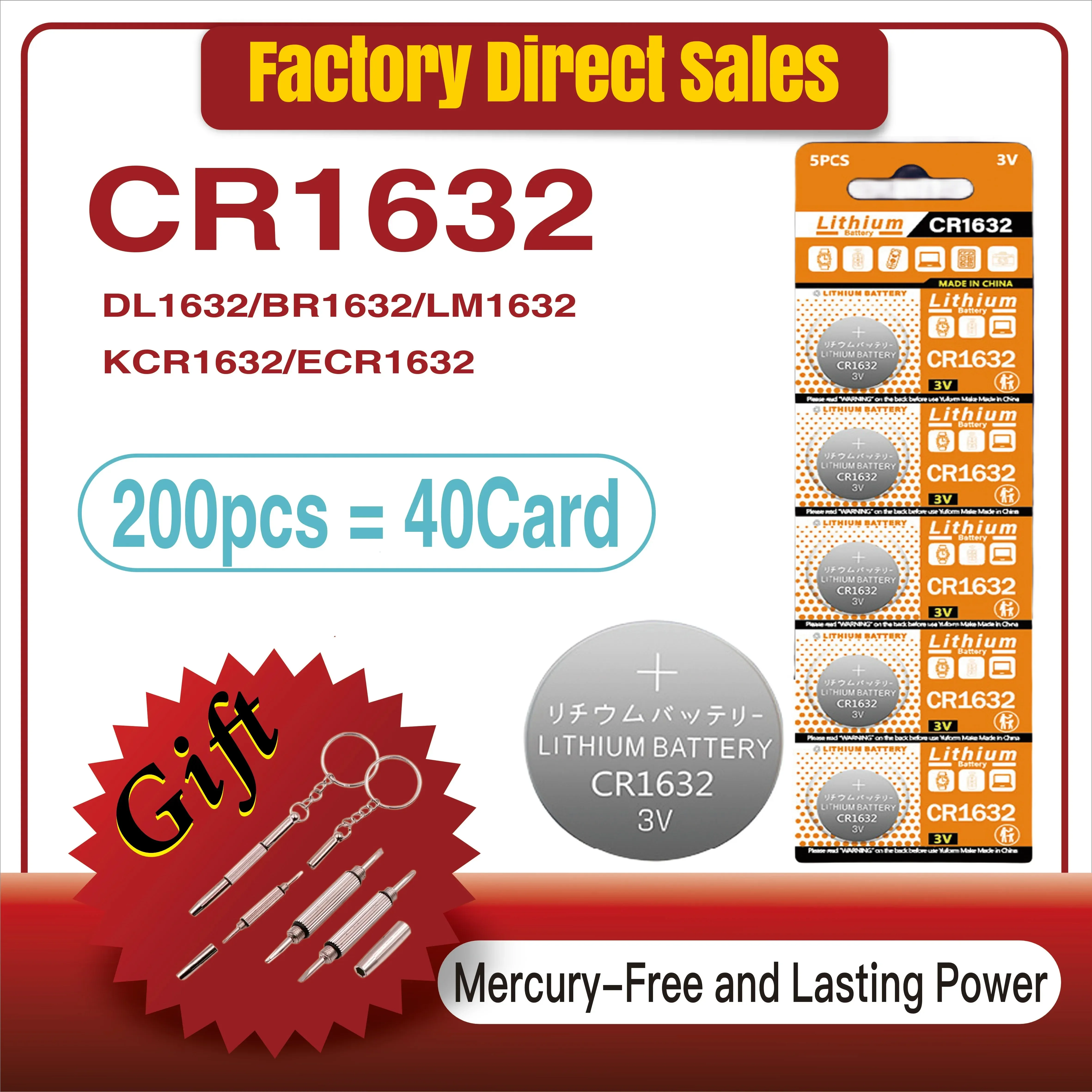 

200PCS CR1632 Button cell Batteries LM1632 BR1632 ECR1632 3V Lithium Battery CR 1632 for Car Remote Control Electric Alarm