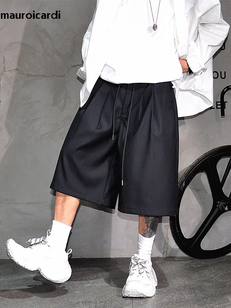

Mauroicardi Spring Summer Baggy Casual Black Wide Leg Shorts for Man Elastic Waist Drawstring Loose Luxury Underwear Clothes