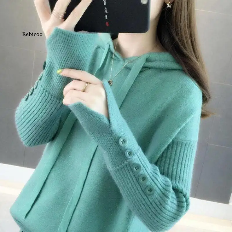 

2021 new autumn winter hooded women sweater tops Korean loose pullover Knitwear Solid color casual Female short sweater coat