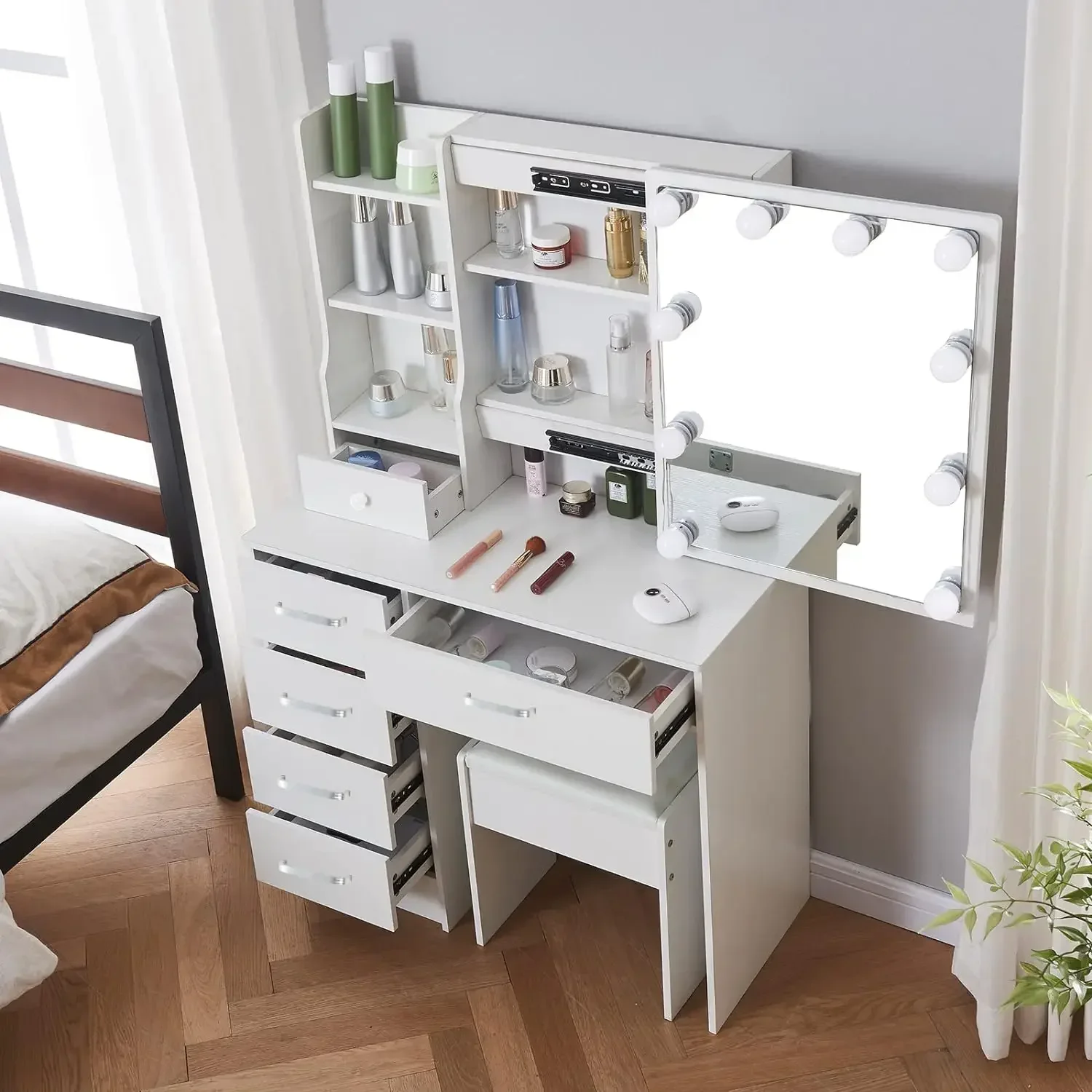 Caulitar Modern Makeup Vanity Set with Lighted Mirror 10 Bulbs and Cushioned Stool, White Dressing Table with 5 Storage D