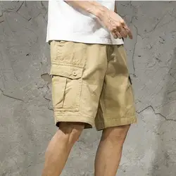 Men Cargo Shorts Joggers Shorts Work Casual Pants Male Multi Pockets Buttons Loose Wide Leg Knee Length Summer Shorts