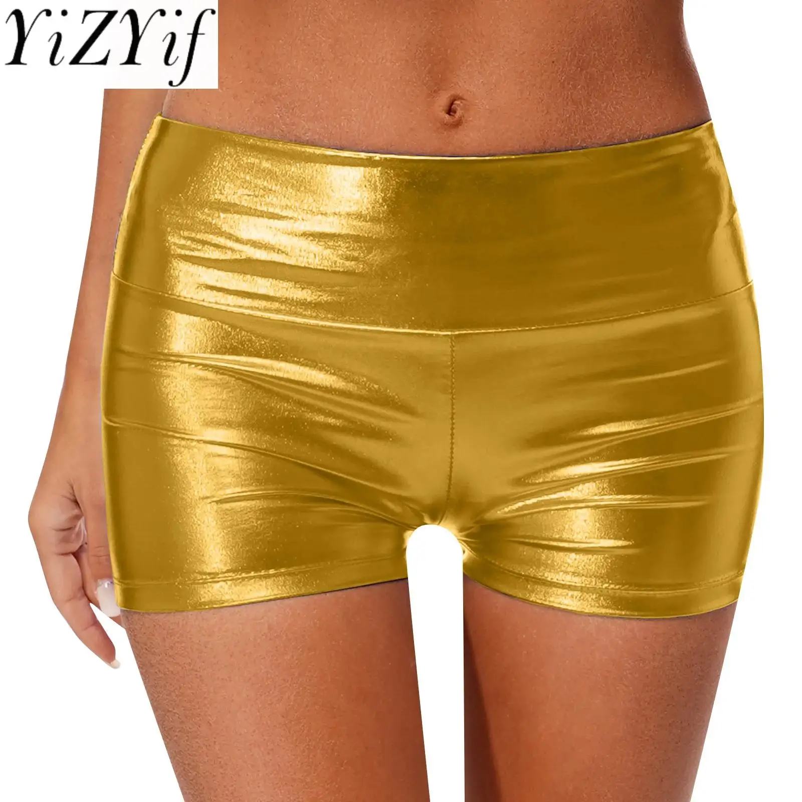 

Women's Metallic Shiny Booty Shorts Rave Party High Waist Elastic Waistband Hot Pants Slim Fit Solid Short Pole Dancing Costume