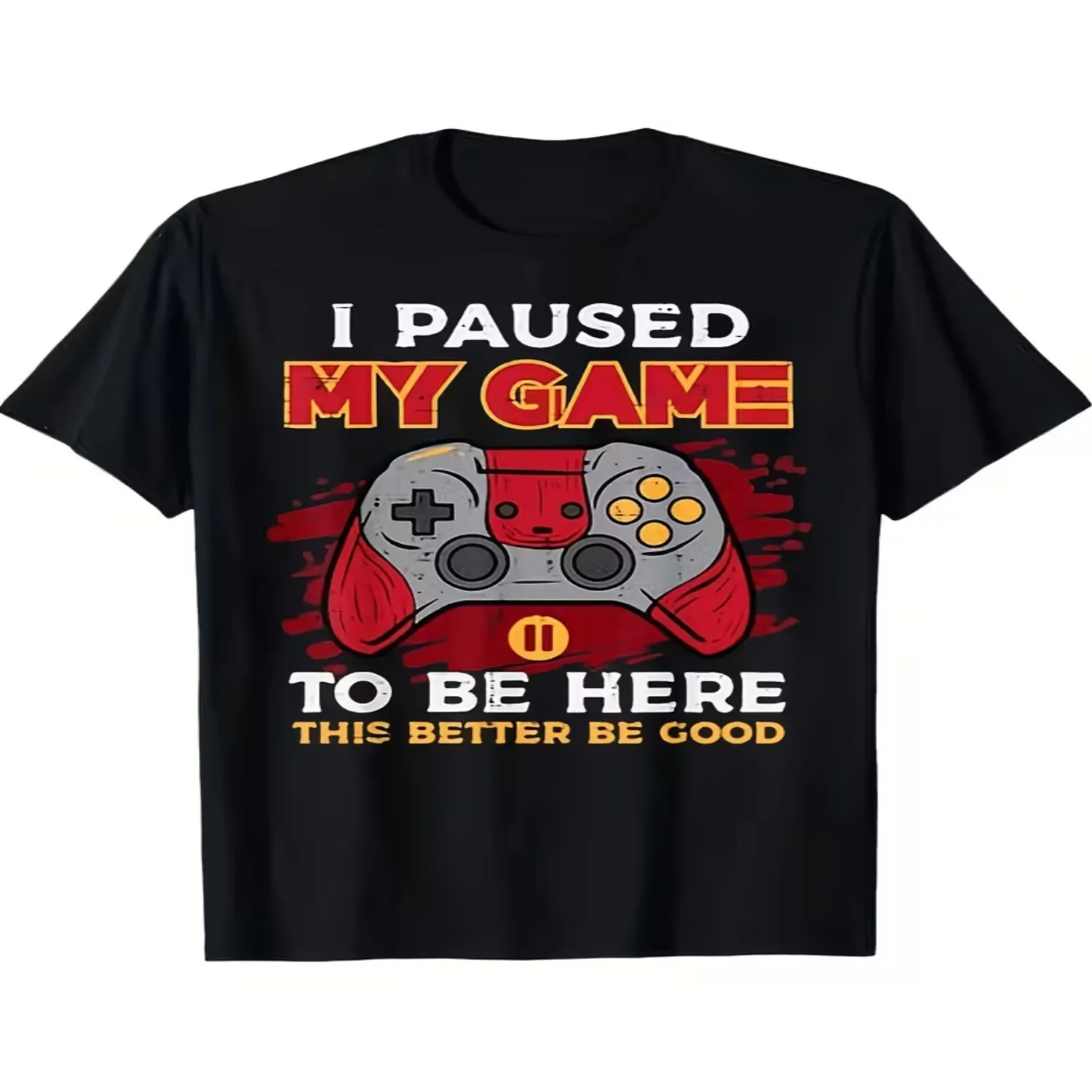 Men'S Black Base Layer Distressed Game Controller Red And White Graffiti Gamer Fun Multi-Layer Text Print Short Sleeve Esports Enthusiast Loose Round Neck Casual Short Sleeve Top Cotton Tee, Gift For Him
