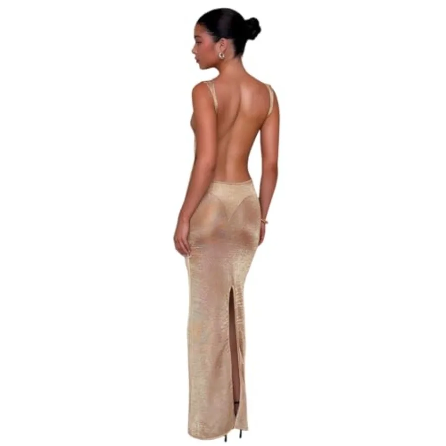 

Women's Sexy Open Back Glitter Maxi Dress Sheer Mesh Beach Cover Up Dress Sleeveless Party Vacation Dresses