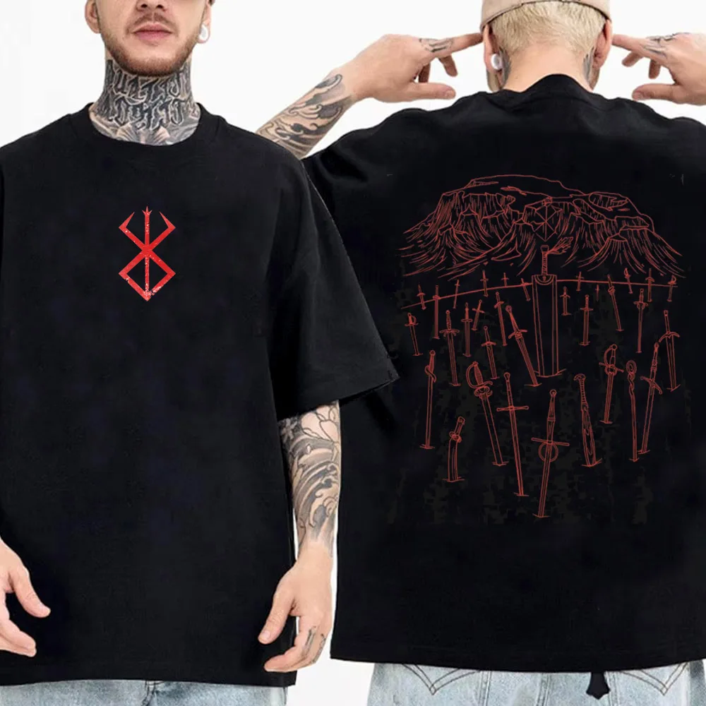 Camiseta con estampado en la espalda de la serie Berserk, diseño de espada, para hombre, 100 % algodón, alta calidad, manga corta, estilo urbano.