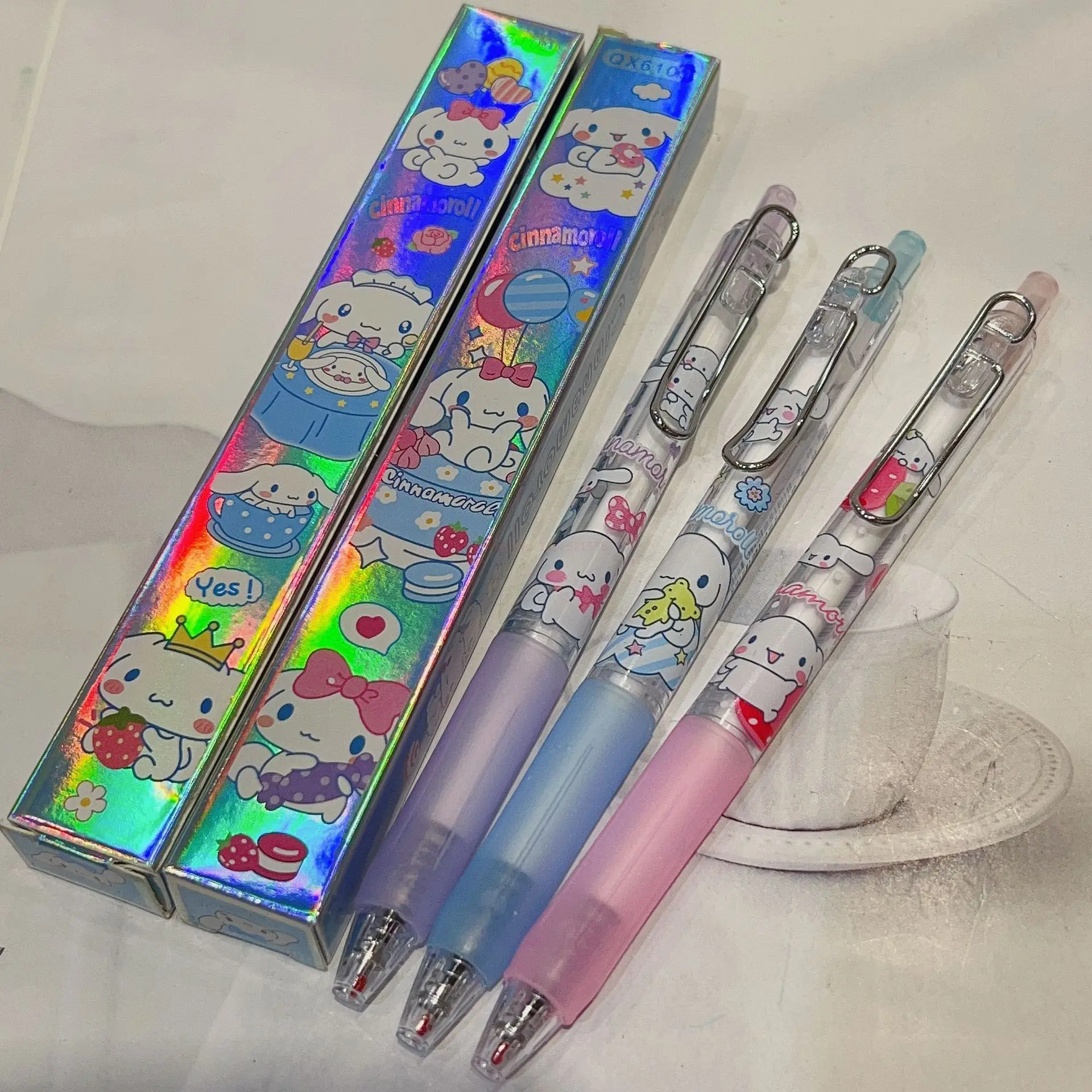 6/12/36pcs Sanrio Gel Pen Cinnamoroll Hellokitty Neutral Pen Metal Pen Clip Signature Pen Stationery Wholesale