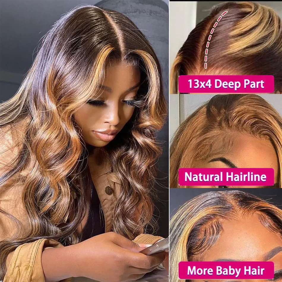 Highlight Body Wave Ombre Color 4/30Transparent Lace Front Human Hair Wig Remy 13X4 13X6 Lace Frontal Human Hair Wigs For Women