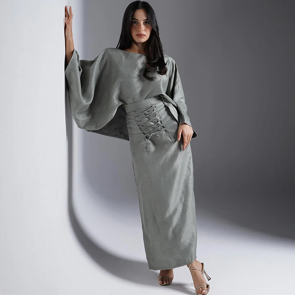 

Simple O-Neck Grey Satin Evening Dress Elegant Long Sleeves Customized Party Dresses Delicate Two-piece Special Occasion Gowns