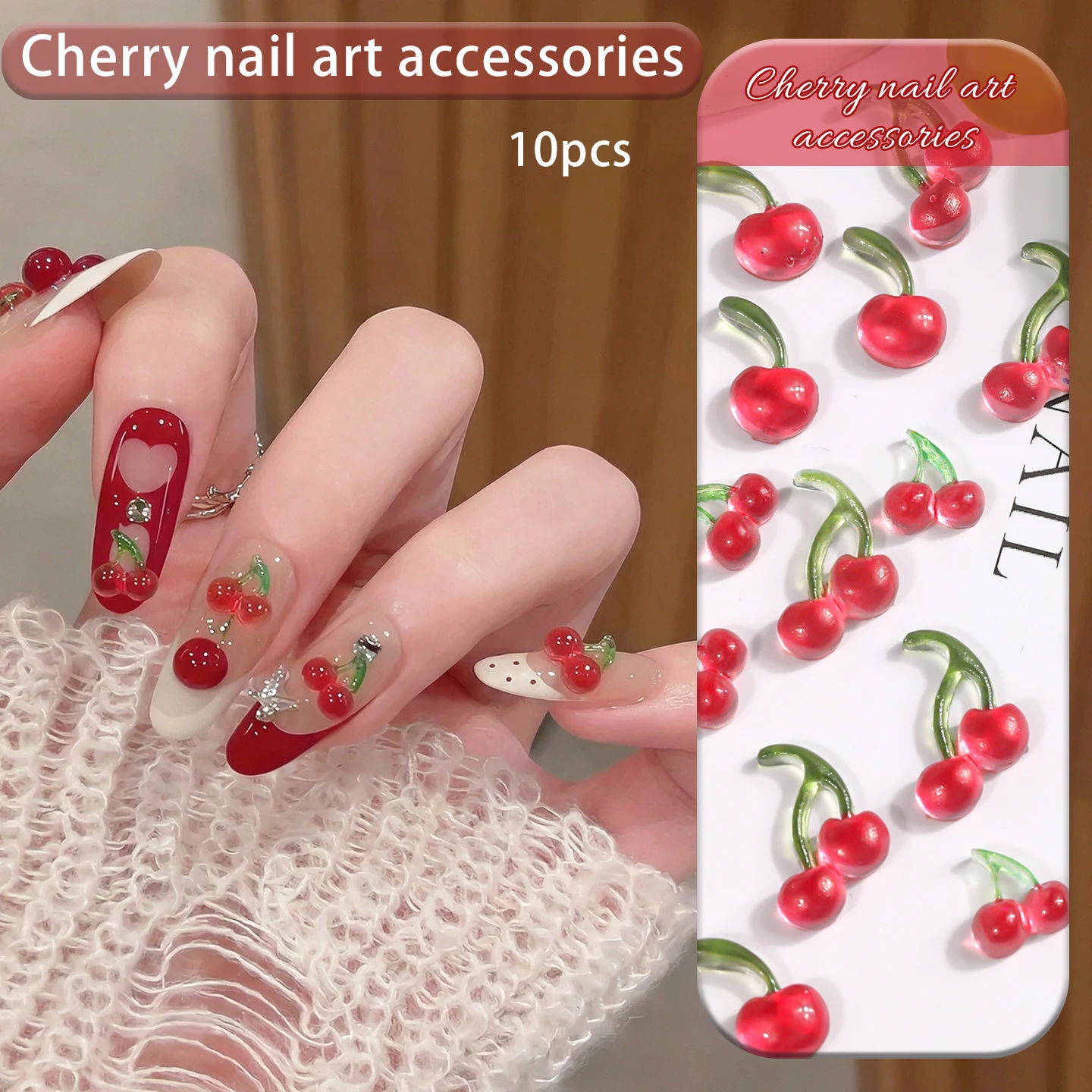 SANANIE 10PCS 3D Translucent Dark Red Cherry Resin Fruit Nail Art Charms Creative Simulated Cherry Nails DIY Decorations Crafts