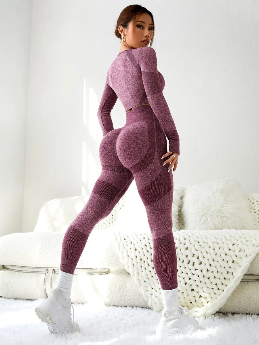 

Seamless Colorblock Gym Set Yoga Workout Suit With Thumbhole Top And Tummy Control Leggings
