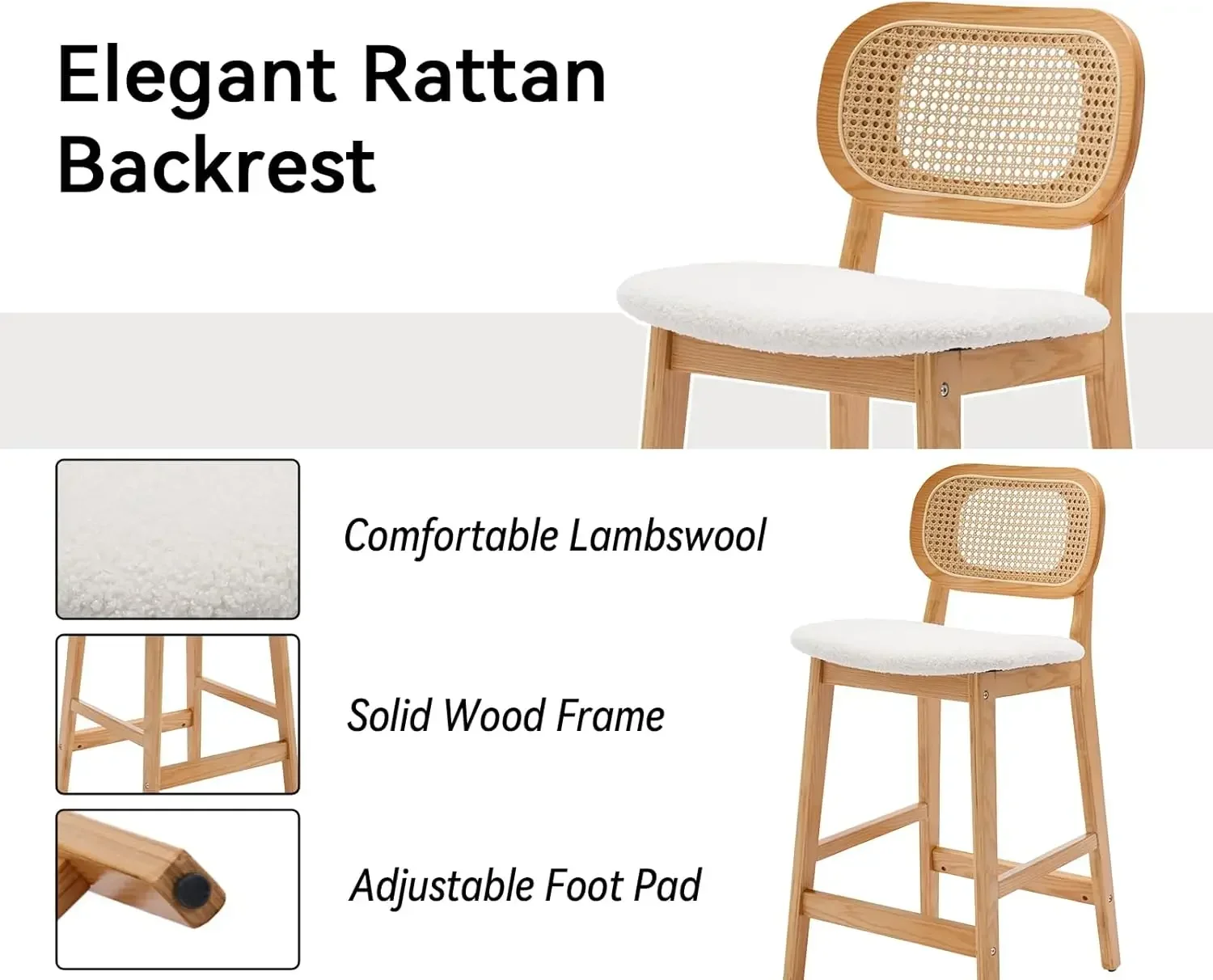 Rattan Counter Height Bar Stools Set of 4 Wood Farmhouse Barstools with Cane Back Boho Sherpa Kitchen Island Chairs Upholstered