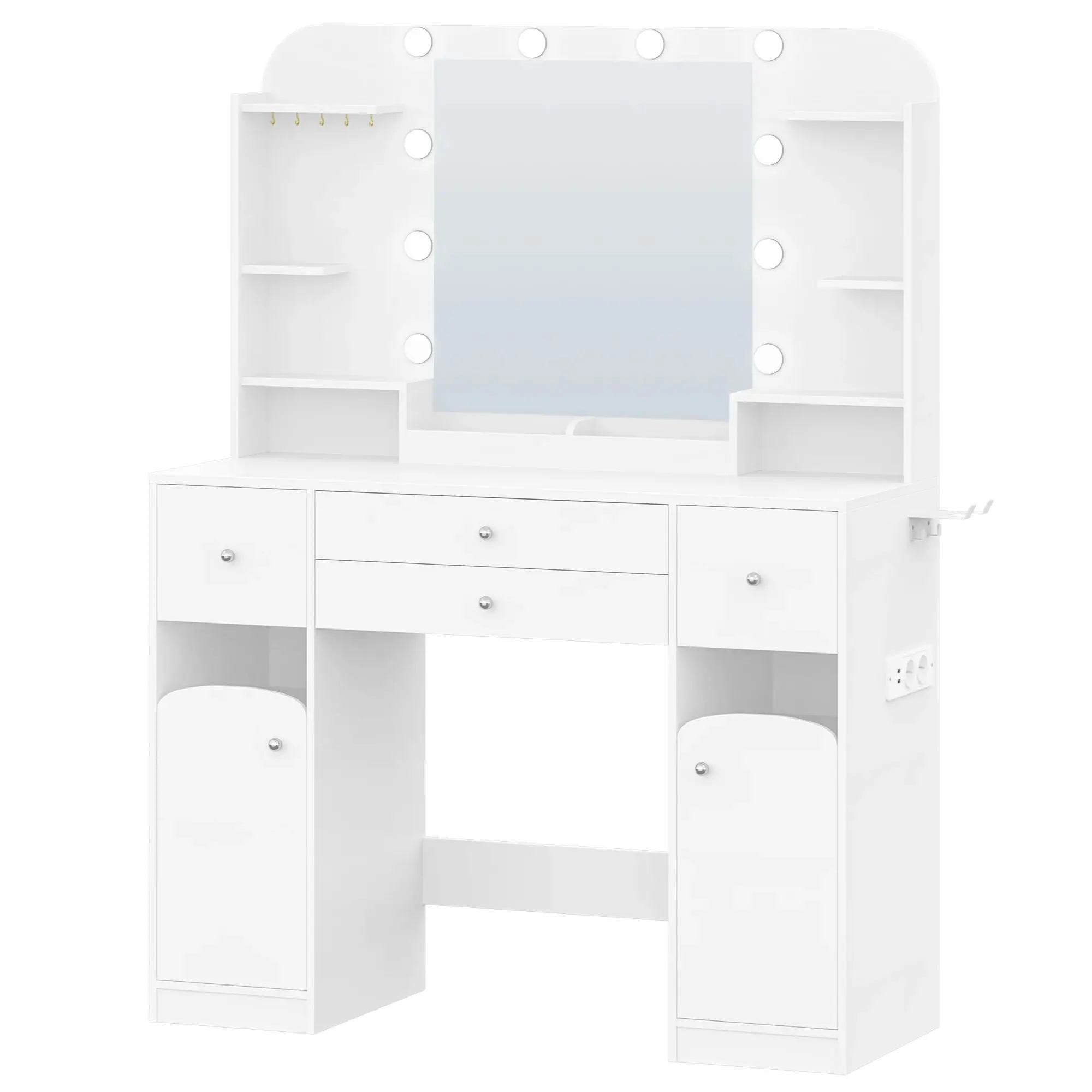 Kaptafel met LED-verlichting met stekker en haardrogerhouder, met 2 grote laden met sieradenvak, wit