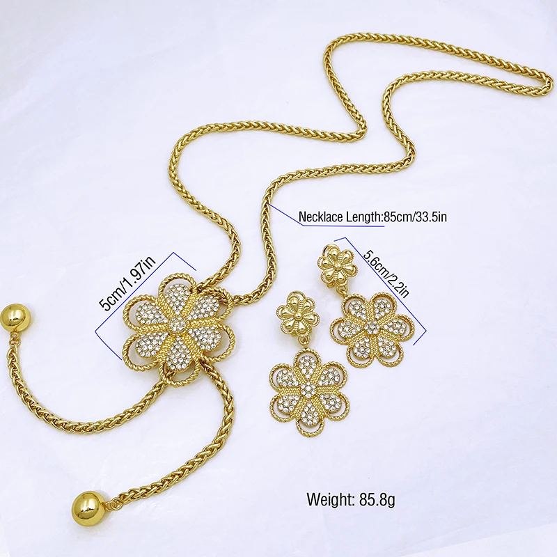 Women Necklace And Earrings Set Long Chain Flower Pendant Adjustable Length Wedding Party Gift