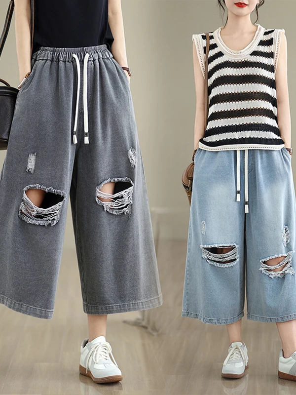 

Summer Thin High Waist Loose Wide Leg Jeans Women Vintage Ripped Loose Elastic Waist Straight Cut Denim Pants Casual Sle