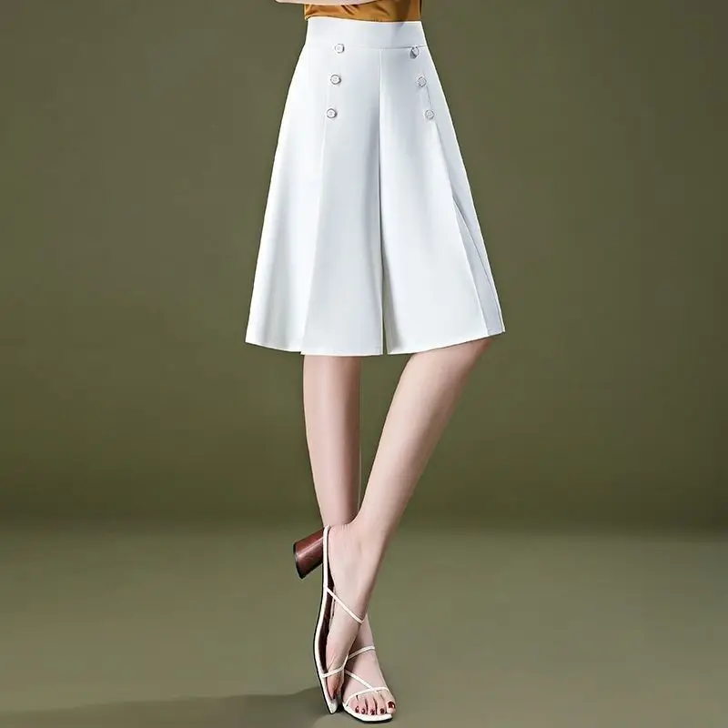 Office Lady High Waist Elastic Shorts Skirts Summer Solid Color Basic Female Clothing Stylish Button Loose Straight Knee Pants